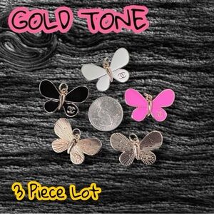 Lot of 3 CC Gold Tone Butterfly Zipper Pull Button Charms 25mm